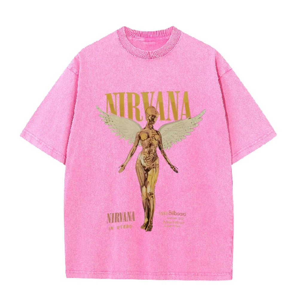 Vintage Distressed Washed Tee Nirvana Grunge Rock Silver Angel Skeleton Print Loose Fit Short Sleeve T Shirts