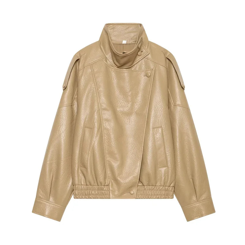 Women's Stand Collar Faux Leather Jacket for Layered Outfits
