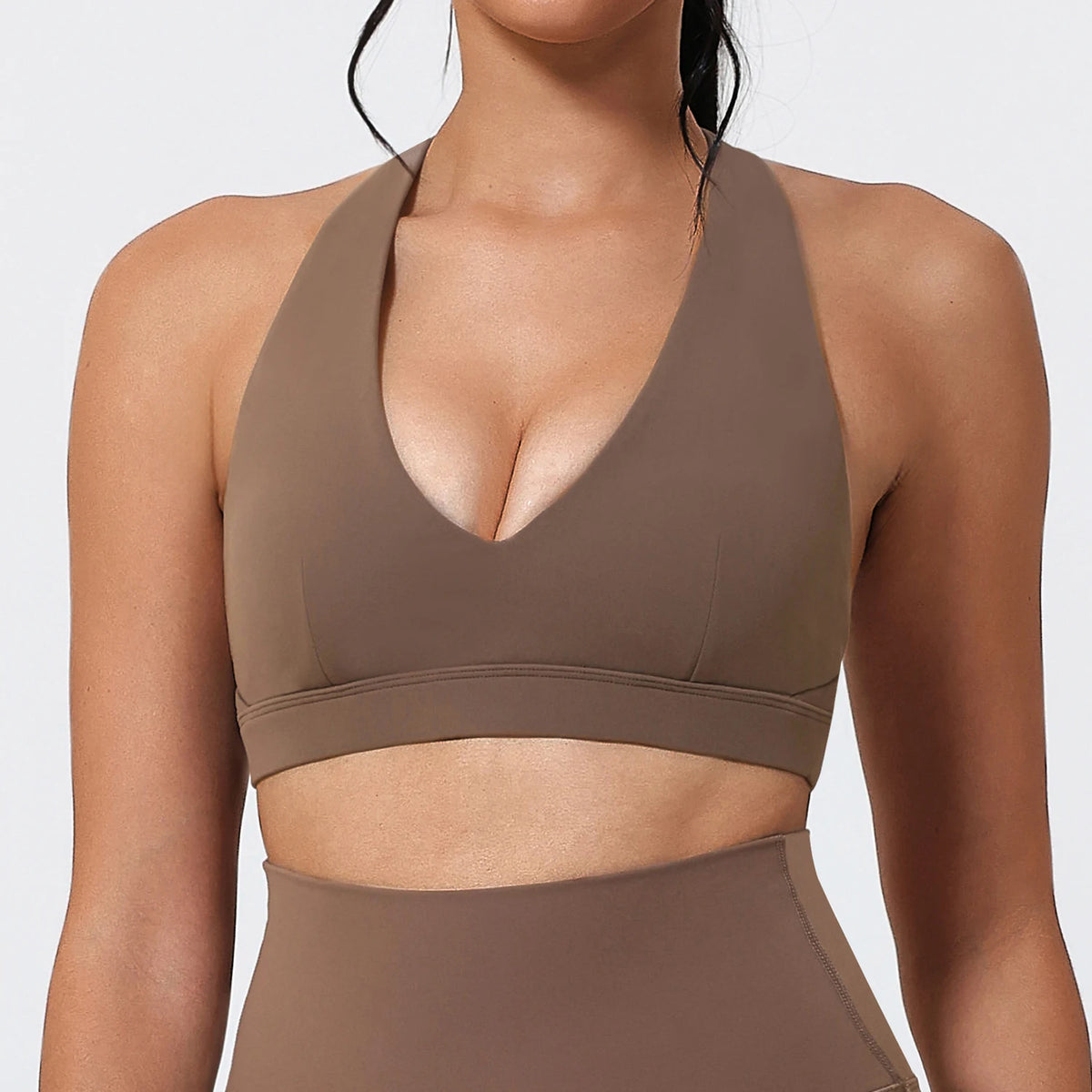 Women's V Neck Halter Sports Bra with Open Back