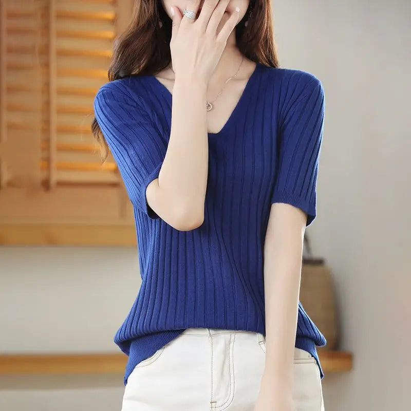 Women's V Neck Short Sleeve Sweater Casual Knit Layer