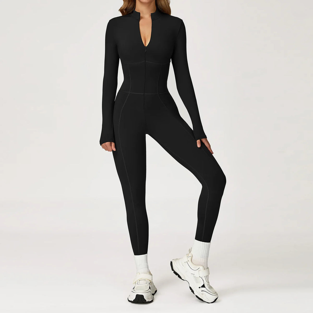 Women's Long Sleeve Nylon Blend Workout Jumpsuit with Collar and Front Zipper