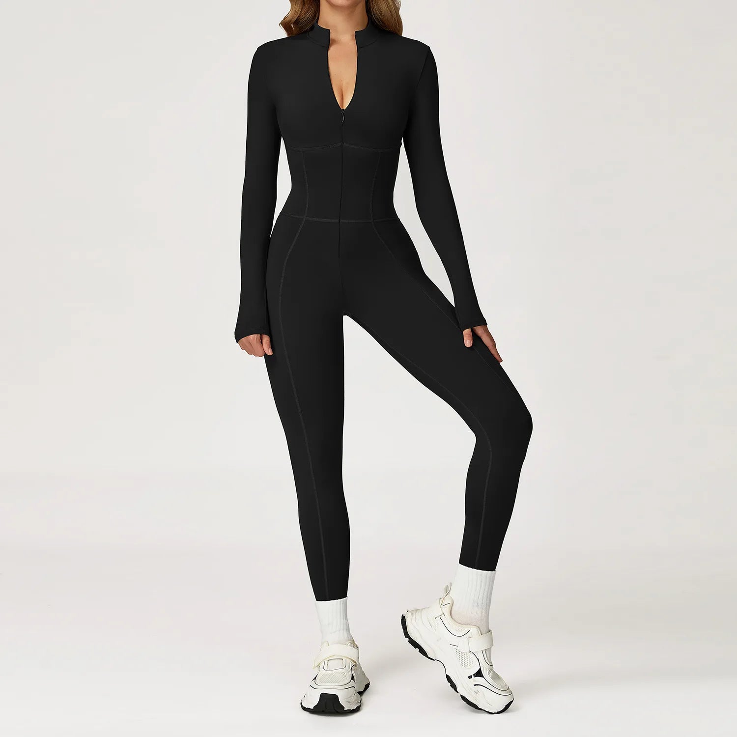 Women's Long Sleeve Nylon Blend Workout Jumpsuit with Collar and Front Zipper