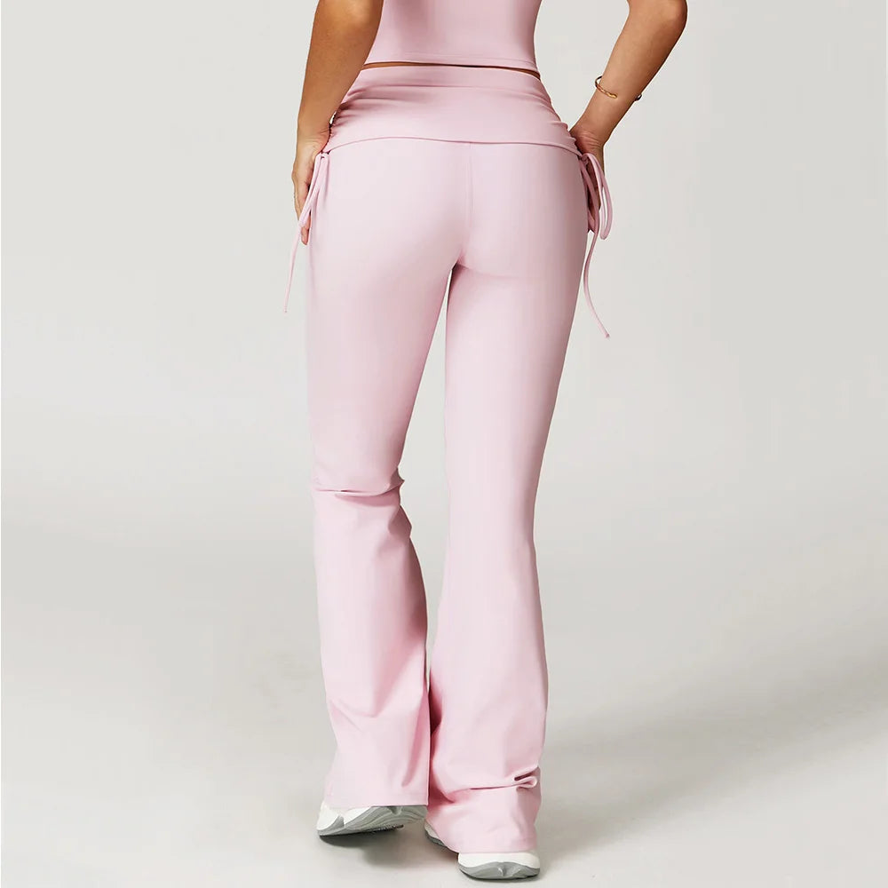 Women's Ruched Skirt Overlay Nylon Blend Flared Pants with Side Drawcords
