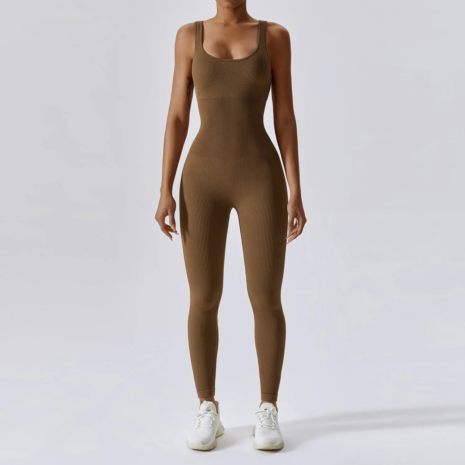 Women's Ribbed Nylon Blend Sleeveless Workout Jumpsuit with Scoop Neck
