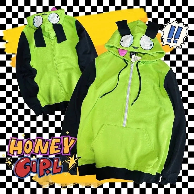 Contrast-Panel Loose-Fit Long-Sleeve Zip-Front Hoodie