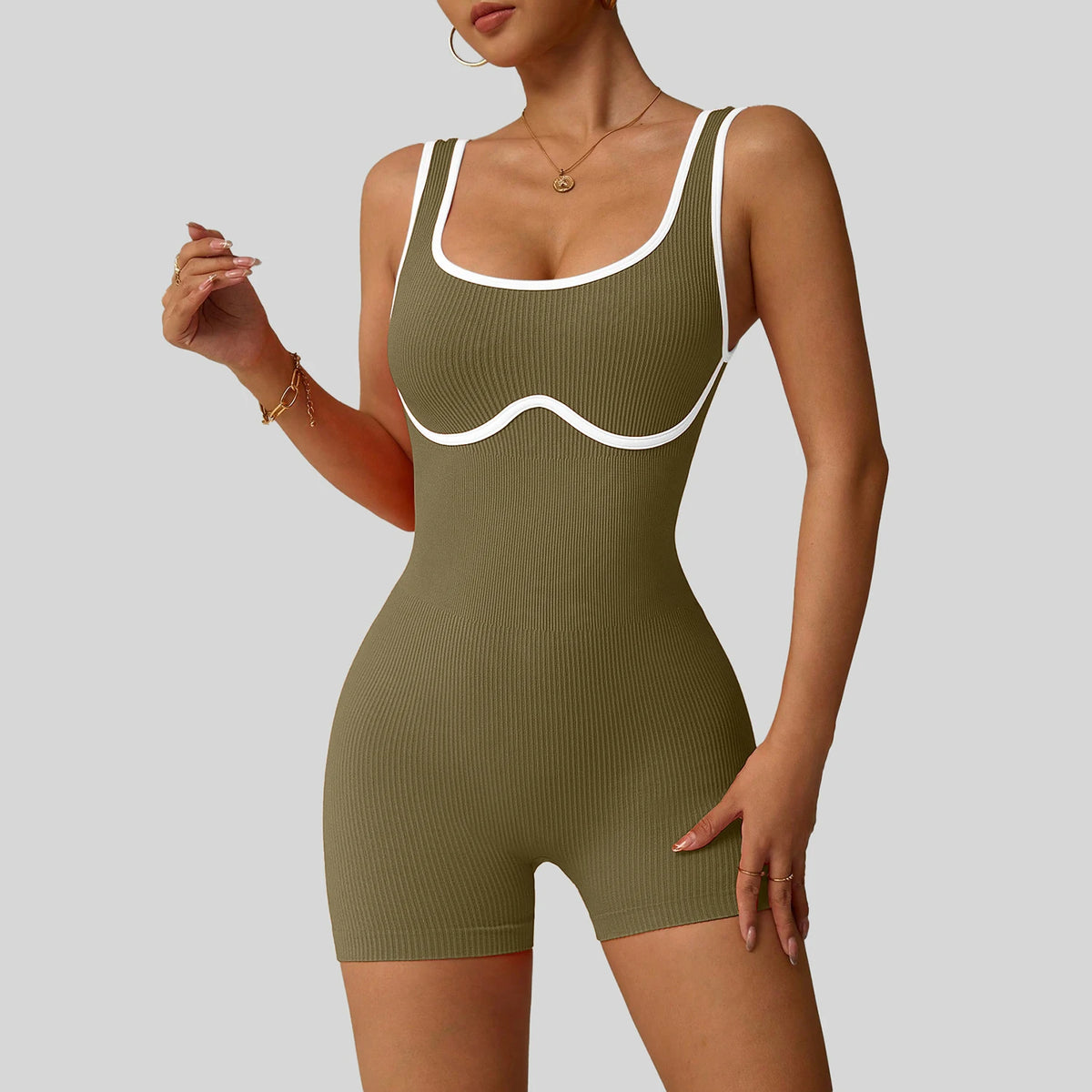 Women's Ribbed Nylon Blend Workout Romper with Contrast Trim and Scoop Neck
