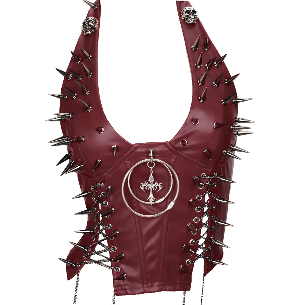 Women's Studded Crop Top with Decorative Spikes and Lace-Up Side Detailing