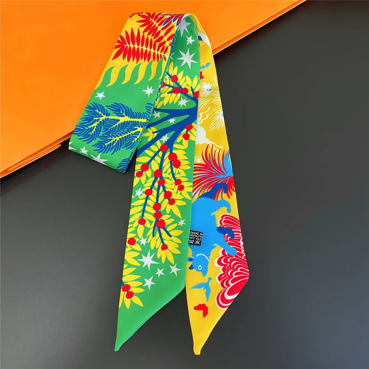 Colorful Printed Skinny Ribbon Scarf with Tie Ends