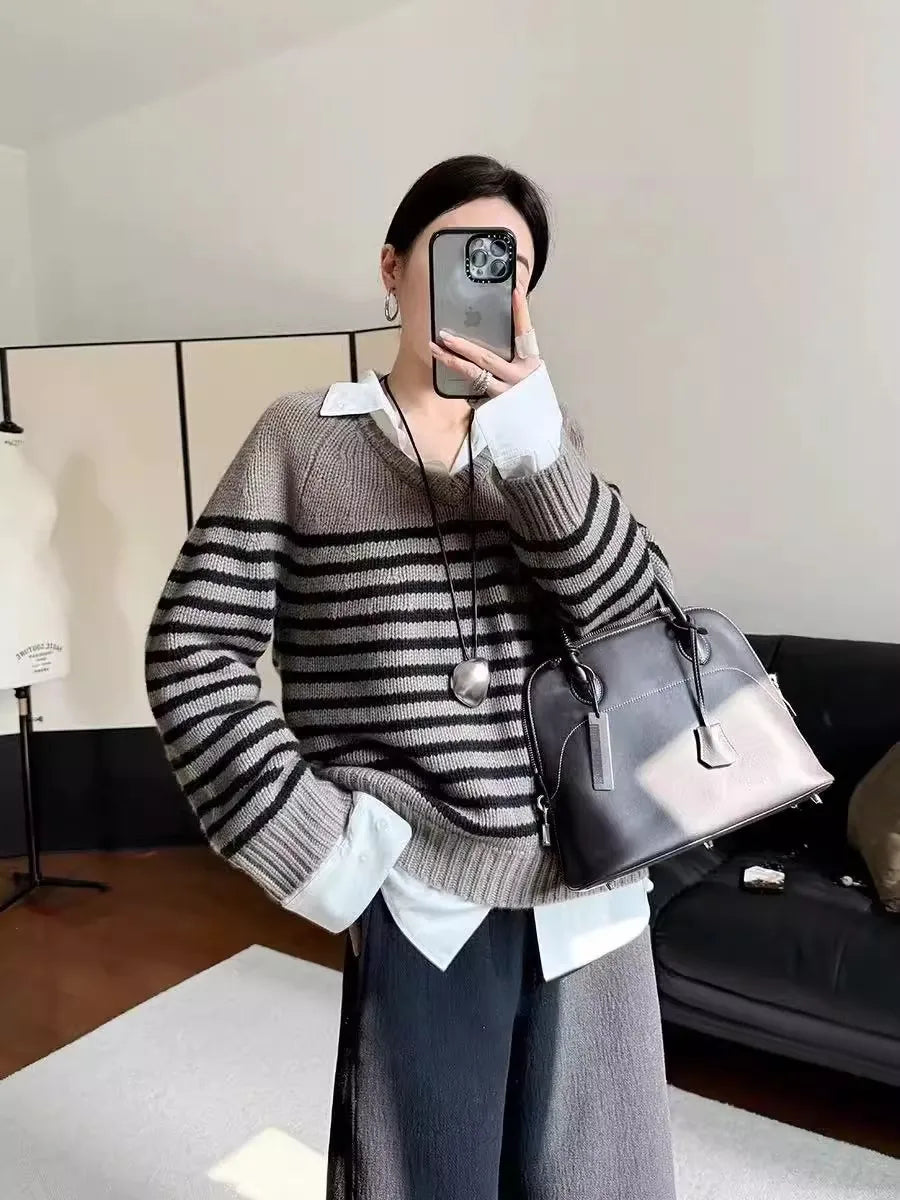 High-end V-neck striped 100% wool knitted sweater loose pullover sweater women wool base layer