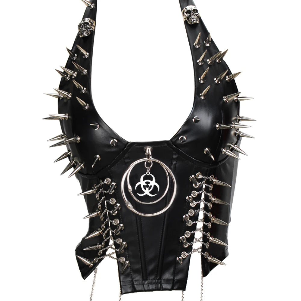 Women's Studded Crop Top with Decorative Spikes and Lace-Up Side Detailing