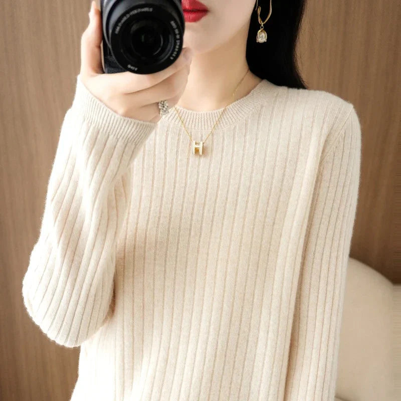 Women's Ribbed Crew Neck Long Sleeve Sweater Casual Knit Layer