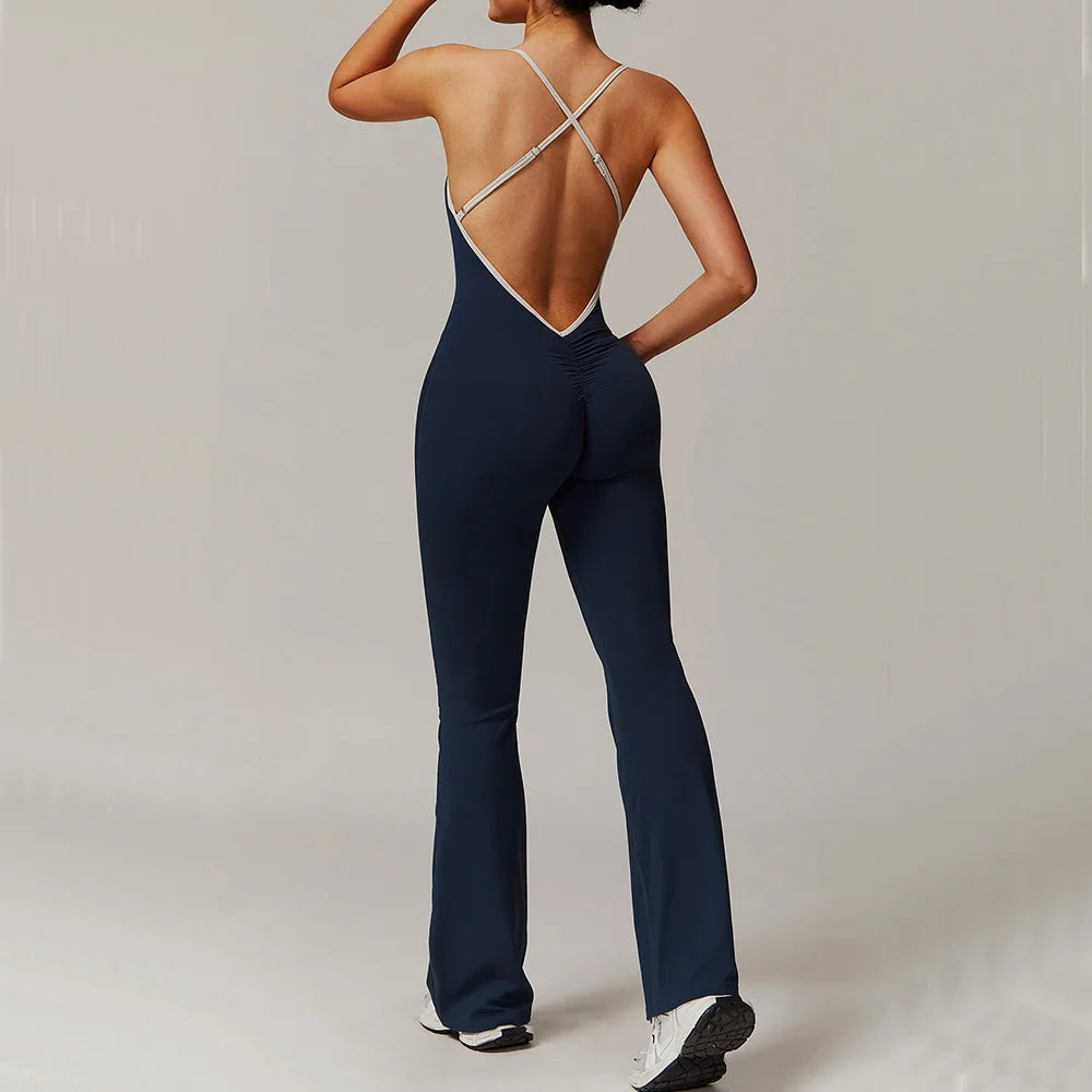 Women's Sleeveless Nylon Blend Flared Workout Jumpsuit with Scoop Neck