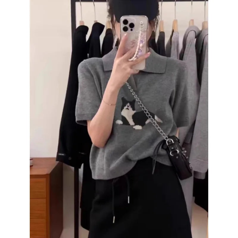 European vintage cat jacquard cashmere knitted short-sleeved women's lapel front-shoulder wool T-shirt, half-sleeved short top