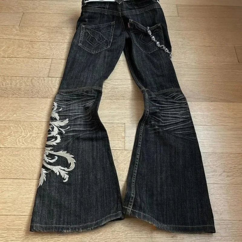 Women's Black Embroidered Wide Leg Denim Jeans For Everyday Outfits