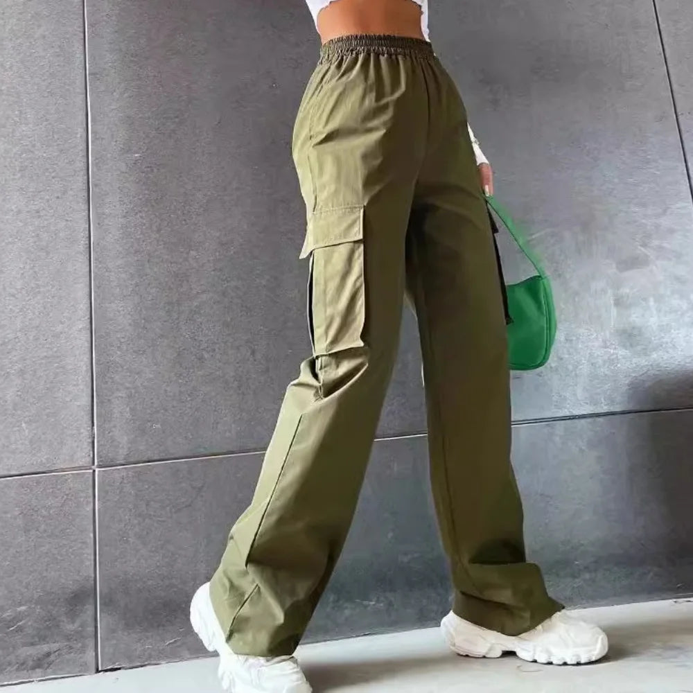Women's Wide Leg Cargo Pants with Elastic Waist and Large Pockets
