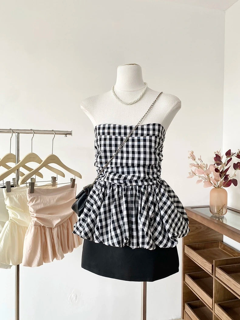 Women's Ruched Strapless Peplum Crop Top with a Gathered Waist