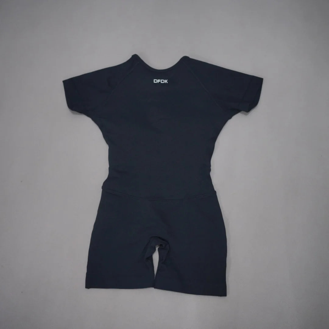 Women's Short Sleeve Nylon Blend Workout Romper with Open Back