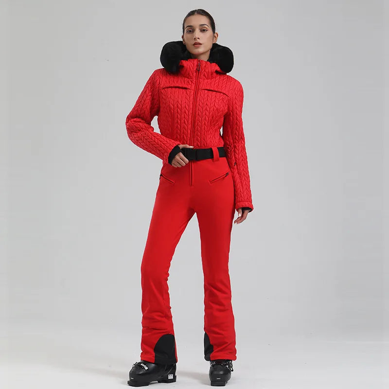 Hooded Long Sleeve Belted One Piece Ski Snow Jumpsuit