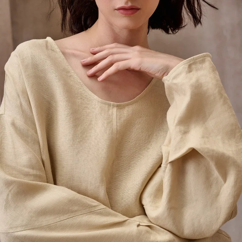 Women's Linen Long-Sleeve Pullover Blouse with Loose Silhouette for Casual Everyday Outfits