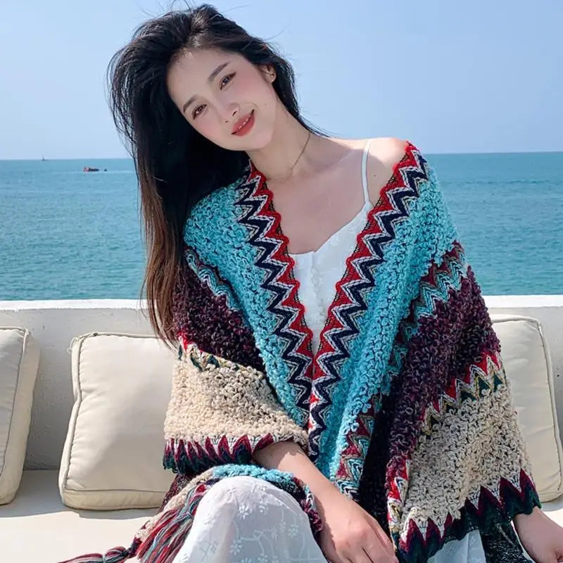 Zigzag Knit Fringe Poncho for Layering over Outfits