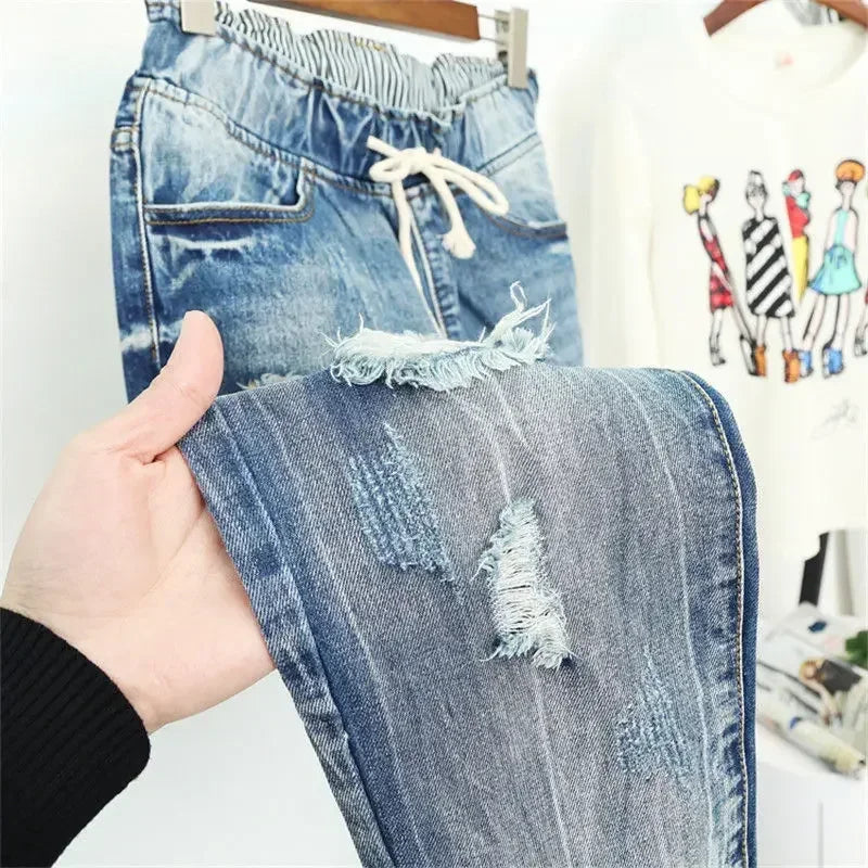 Women's Drawstring Cropped Cuffed Distressed Denim Jeans For Everyday Outfits