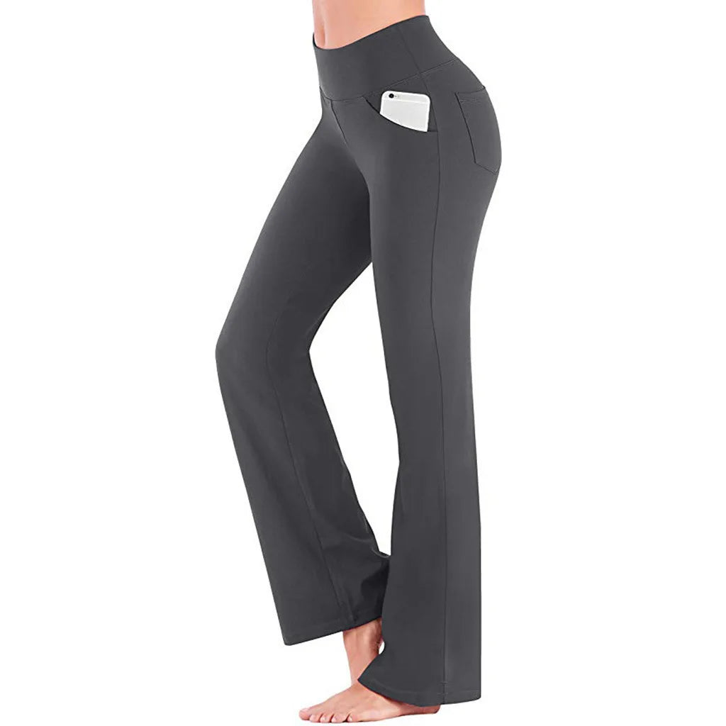 Women's High Waist Polyester Flared Workout Pants with Side Pockets