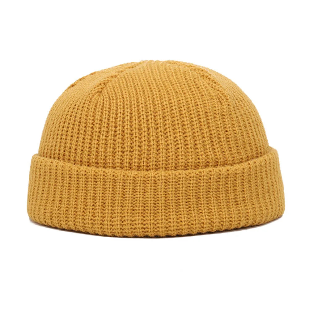 Short Ribbed Knit Beanie with Folded Cuff Shape