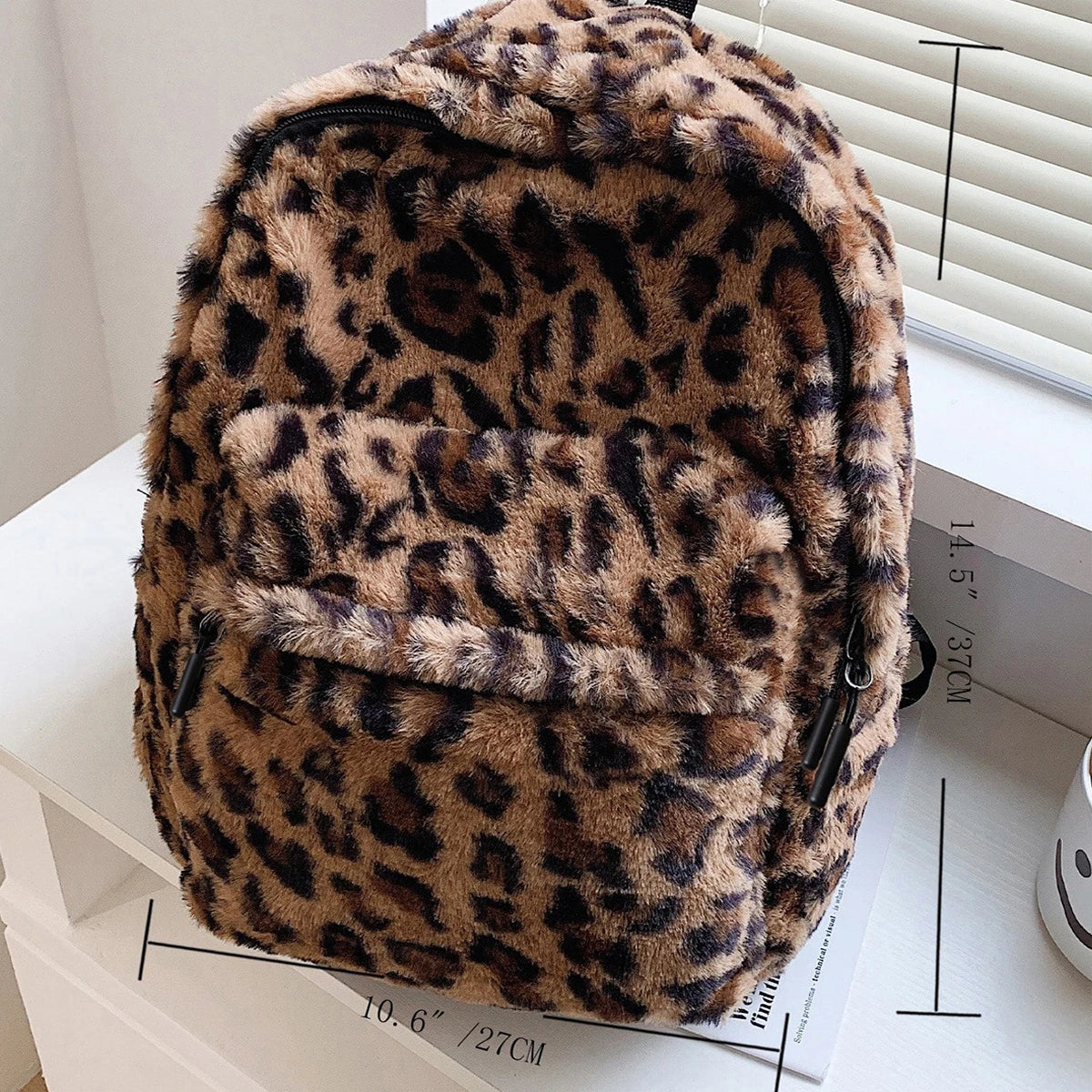 Women's Plush Leopard Print Backpack with Zipper and Adjustable Shoulder Straps