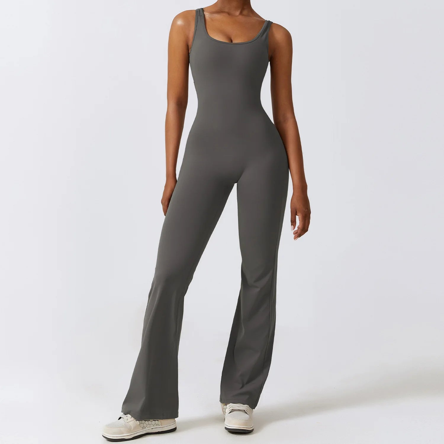 Women's Sleeveless Nylon Blend Flared Workout Jumpsuit with Back Cutout
