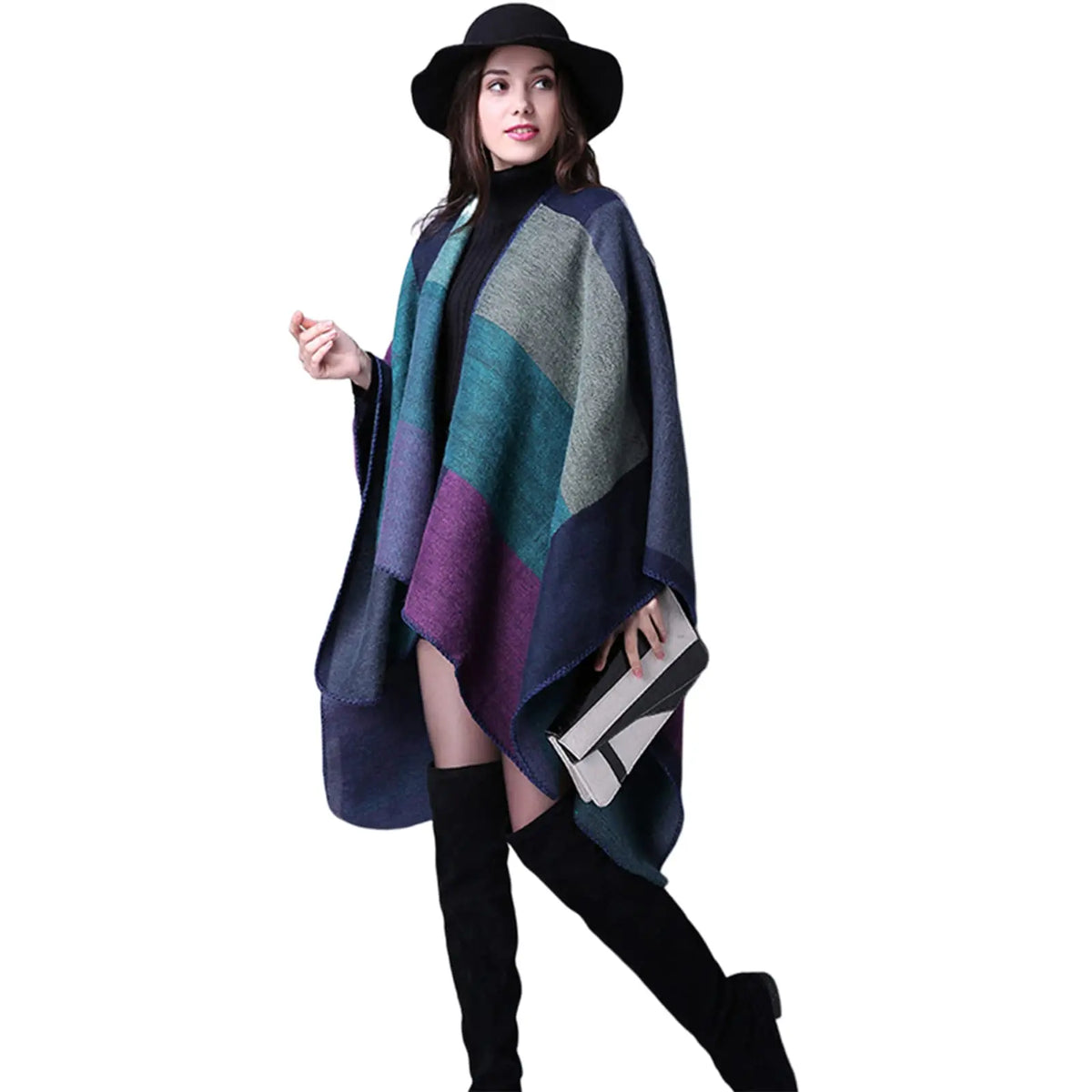 Block Plaid Open Front Poncho for Layering over Outfits