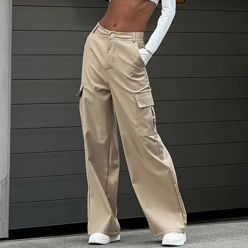 Women's Wide Leg Cargo Pants with Flap Pockets and Waistband
