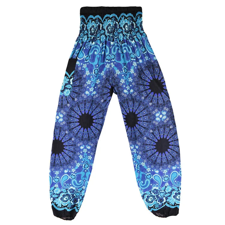 Women's Printed Nylon Harem Pants with Smocked Waist and Convertible Styling