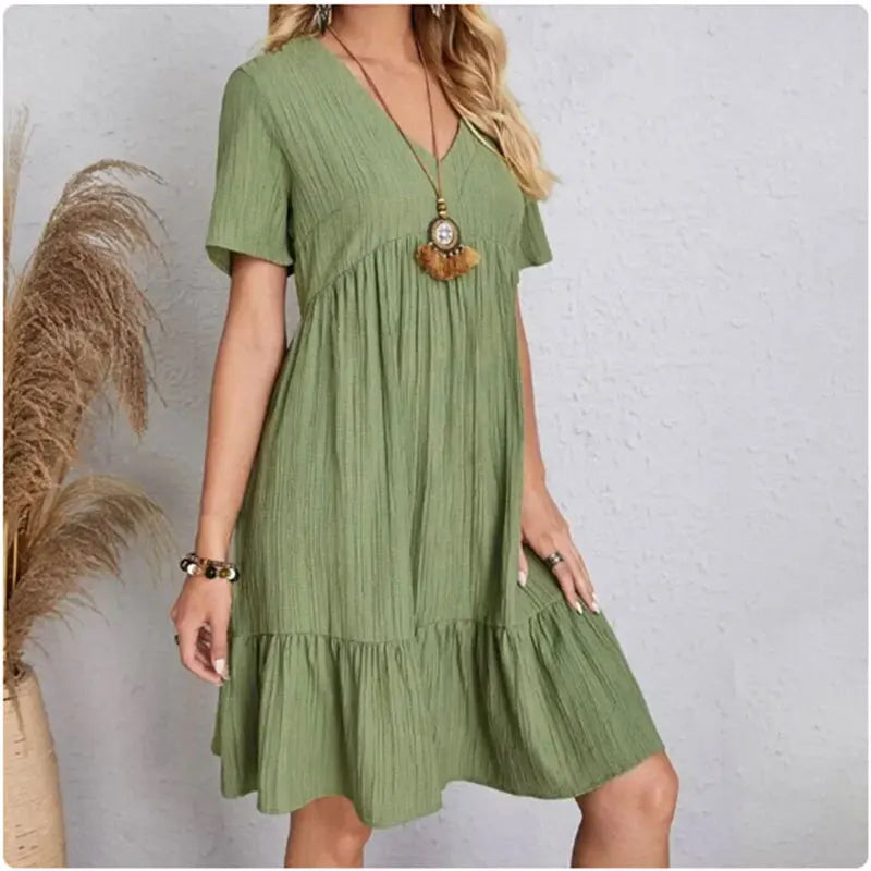 Women's V Neck Short Sleeve Ruffle Mini Dress For Casual Outfits