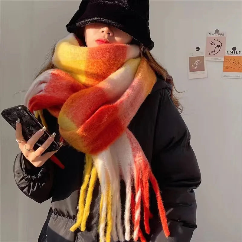 Multicolor Plaid Scarf with Long Shape and Fringed Ends