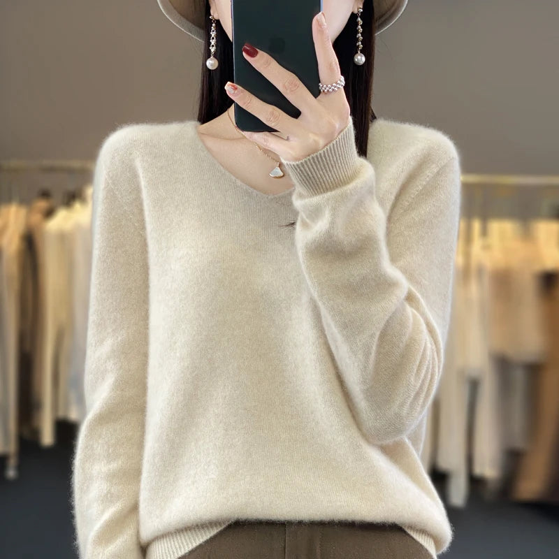 Women's V Neck Long Sleeve Sweater Casual Knit Layer