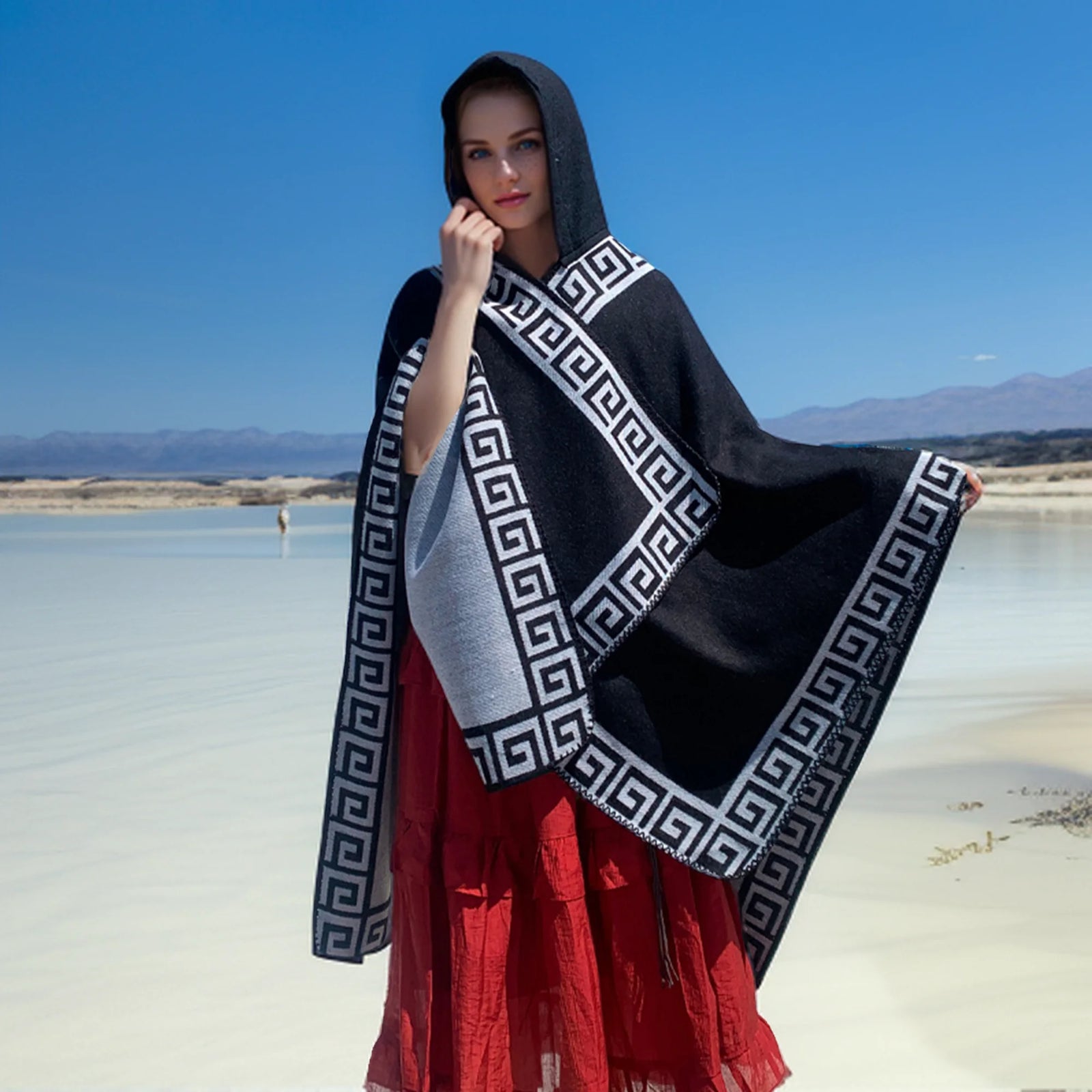Hooded Geometric Border Poncho for Layering over Outfits