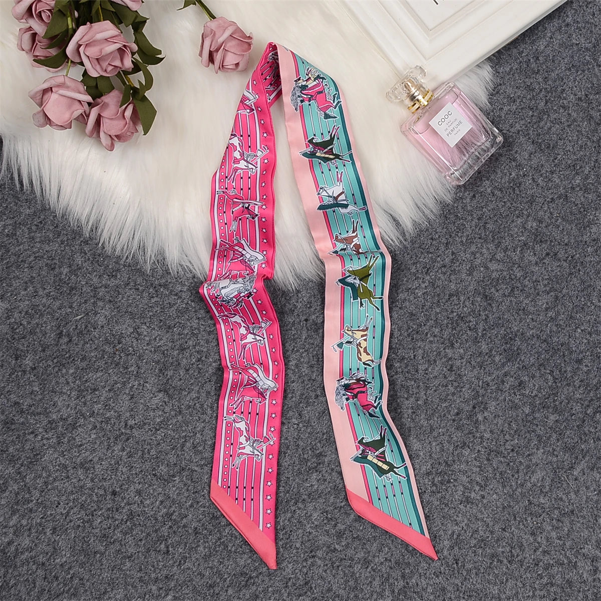 Horse Motif Skinny Ribbon Scarf with Printed Designs
