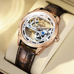 Men Mechanical Watch Automatic Movement 50M Waterproof Leather Strap Sapphire Mirror Skeleton Design Watch For Men