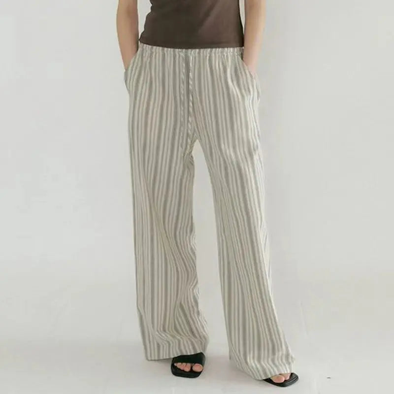 Women's Striped Loose Straight-Leg Pants with Drawstring Waist and Practical Side Pockets