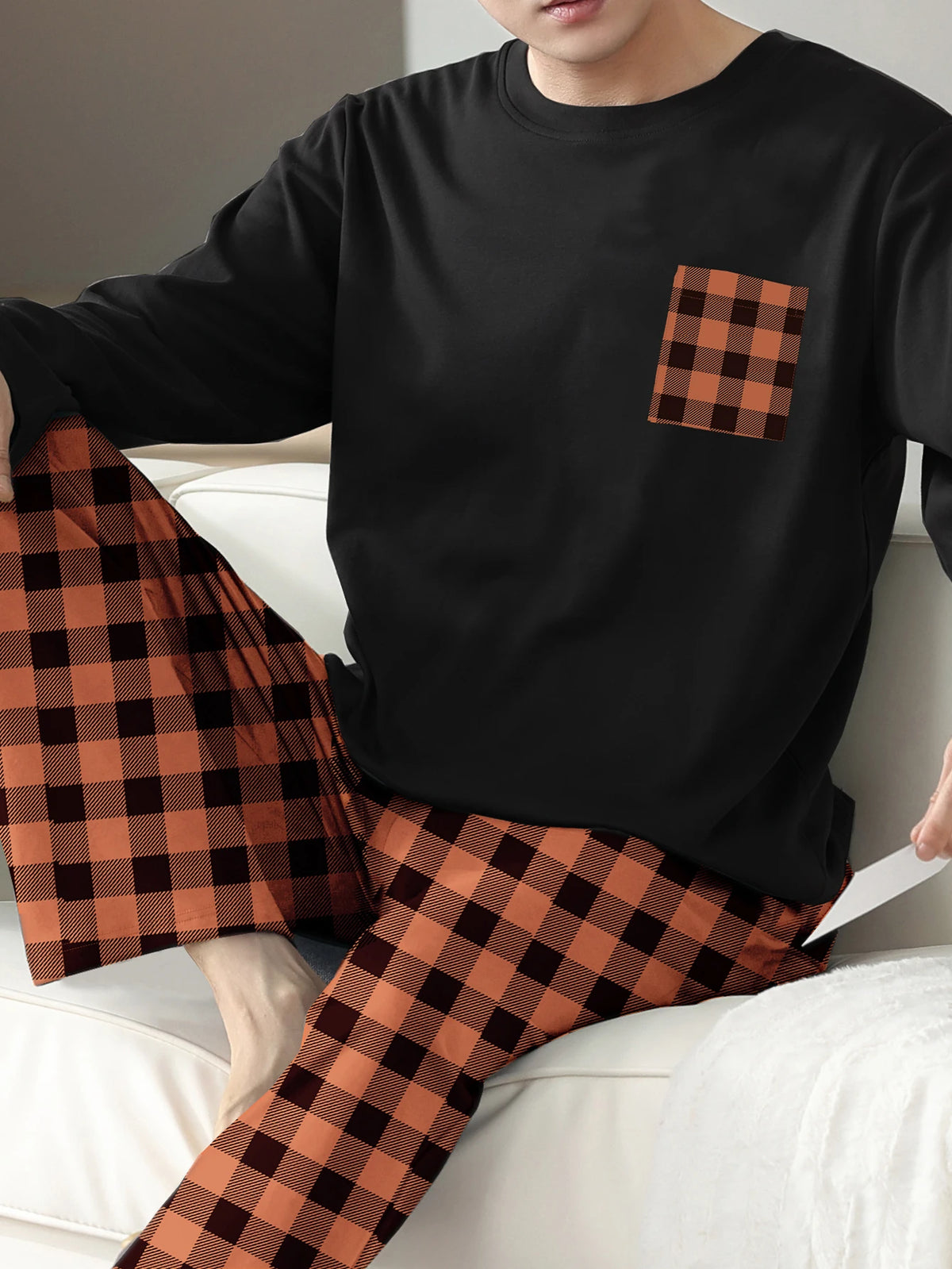 Men's Long Sleeve Pocket Top and Plaid Pants Pajama Set