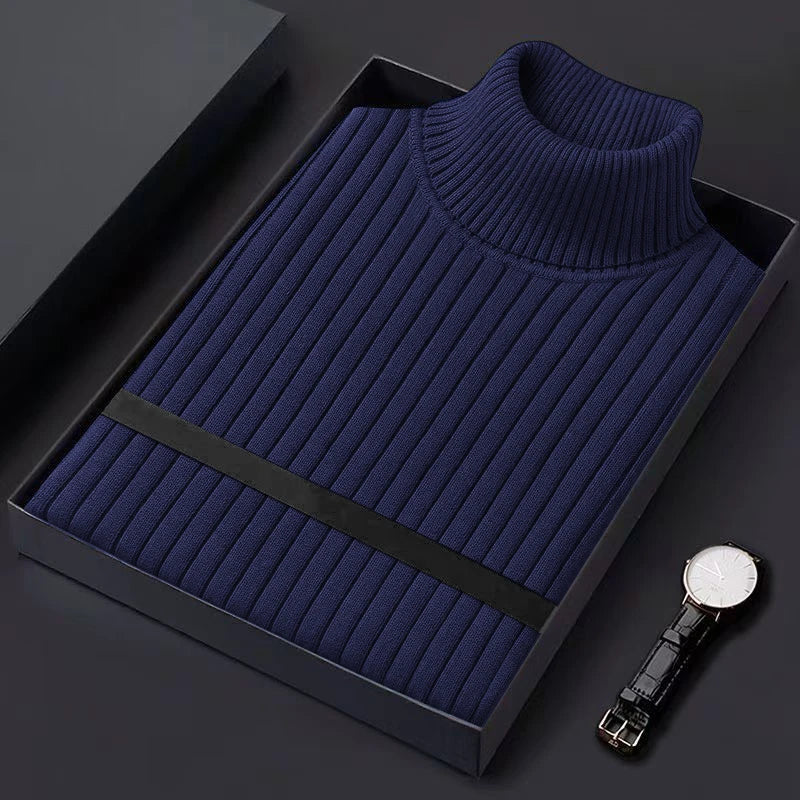 Men's Ribbed Turtleneck Sweater with Contrast Stripe