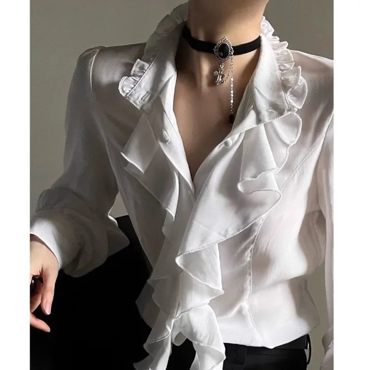 Women's Ruffled Stand Collar Long Sleeve Blouse