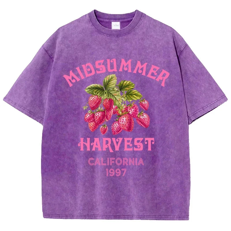 Men's Cotton T-shirt Strawberry Printed Washed T-shirt Comfortable Round Neck Top Men's Summer Clothing