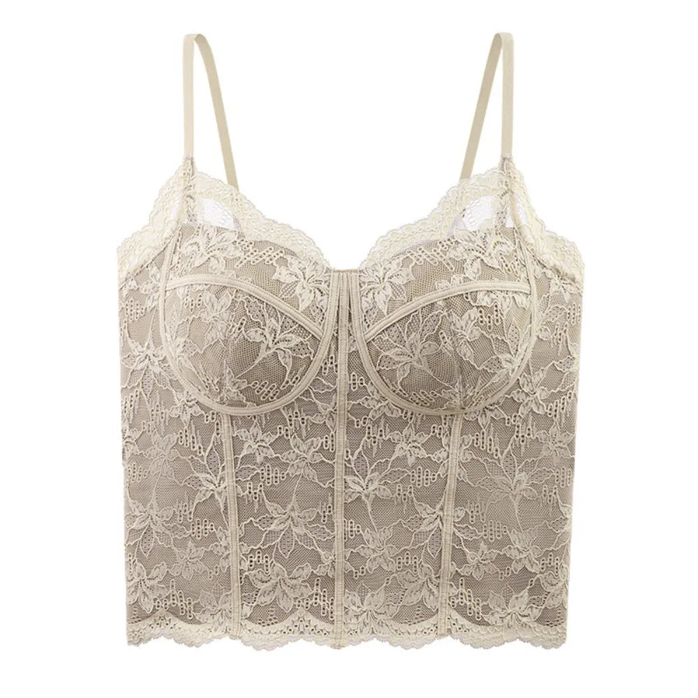 Women's Floral Lace Crop Top with Thin Shoulder Straps and Chest Pads