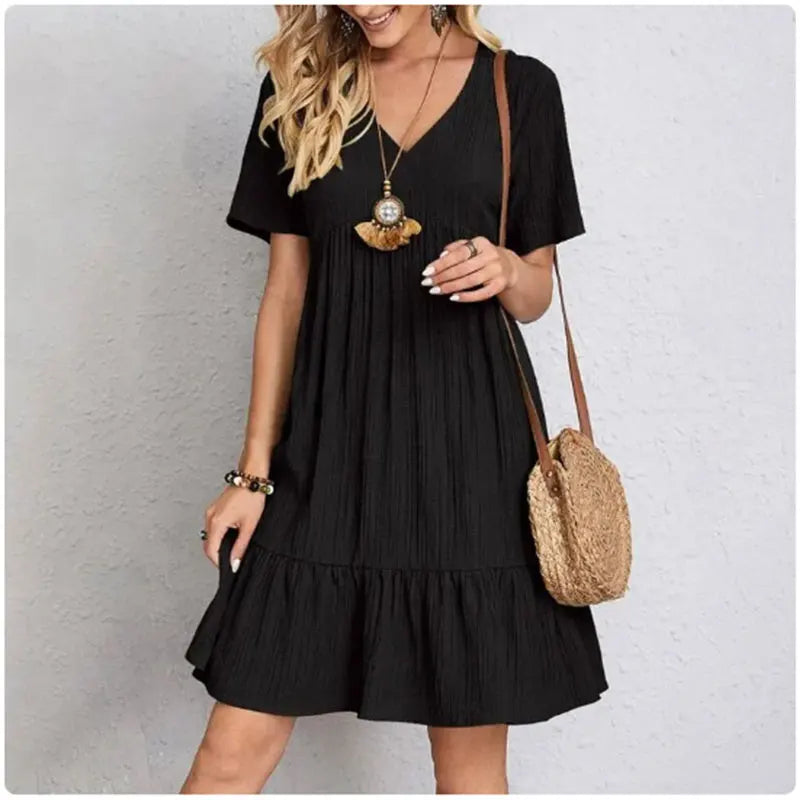 Women's V Neck Short Sleeve Ruffle Mini Dress For Casual Outfits