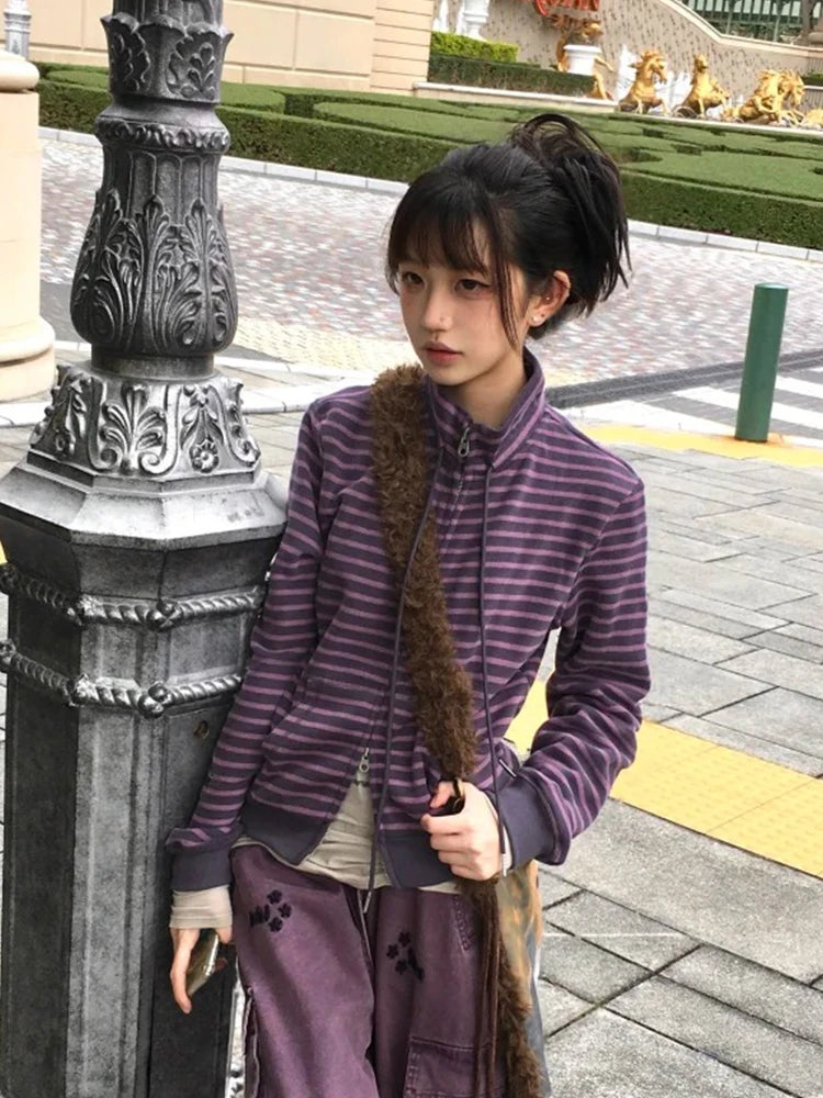 Striped Long Sleeve Front Closure Casual Jacket for Layering