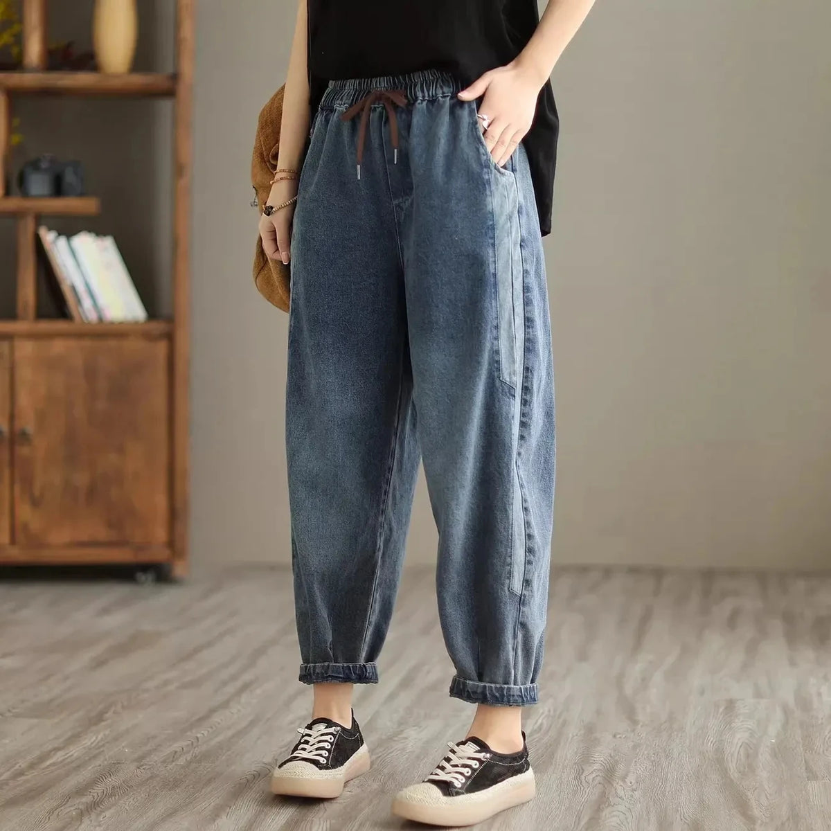 Women's Drawstring Elastic Waist Cropped Cuffed Denim Jeans
