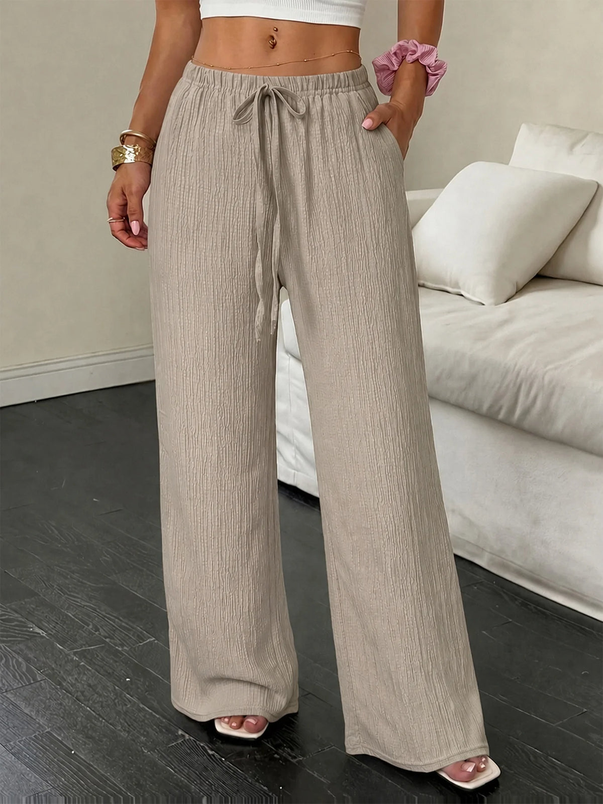 Women's Crinkle Textured Polyester Blend Palazzo Pants with Elastic Waist