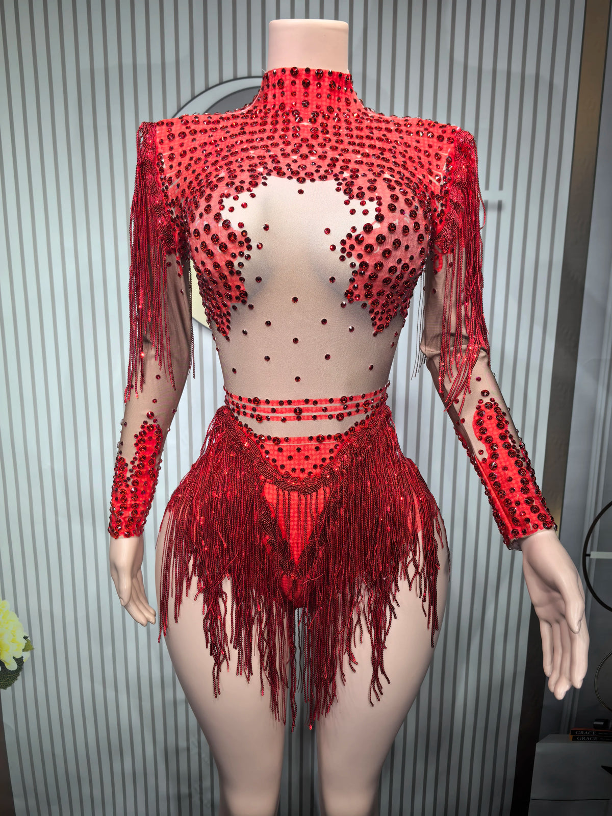 Women's Asymmetric Rhinestone Fringe Dance Bodysuit for Stage Performance Outfits