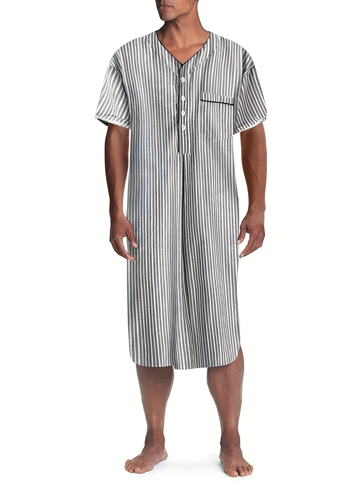 Men's Striped Short Sleeve Button Neck Lounge Nightdress